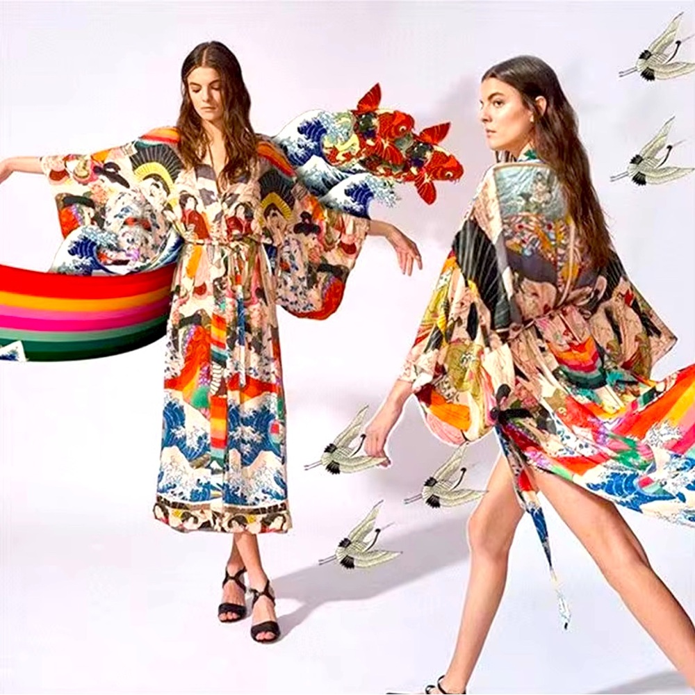 Colorful Kimono Dress with Artistic Print